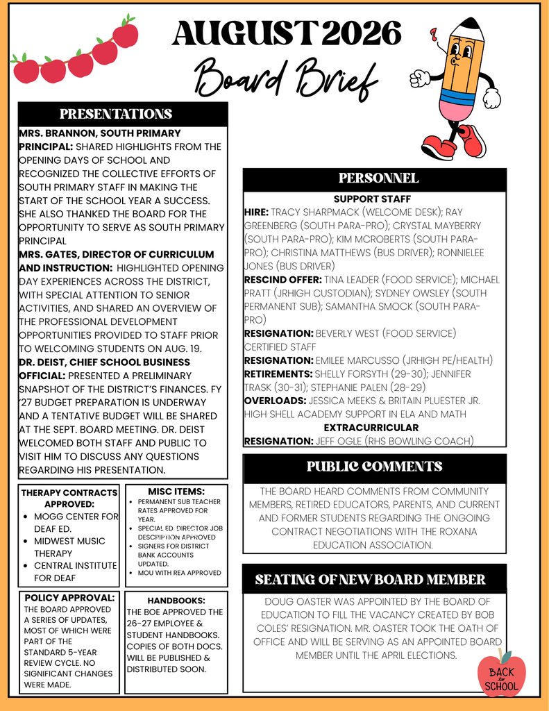 August 2026 Roxana CUSD #1 Board Brief infographic summarizing Board meeting highlights, including presentations, personnel actions, public comments regarding contract negotiations, policy and handbook approvals, therapy contracts, and the appointment of a new Board member.