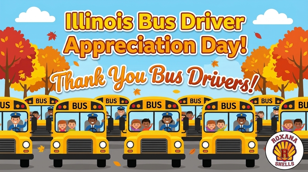 Cartoon illustration of seven school buses in a line, with leaves falling. Text: Illinois Bus Driver Appreciation Day! Thank You Bus Drivers!