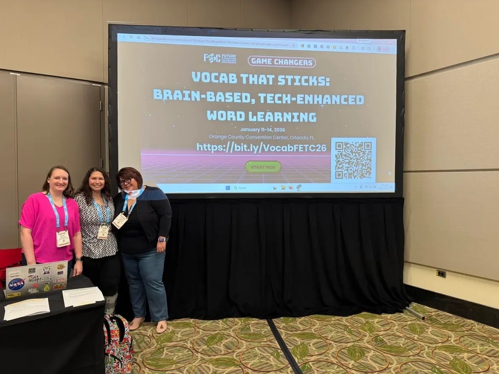 Left to right, Melanie Winstead, Ashley Bailey and Alex Porter posed together before they presented at the Future of Educational Technology Conference.