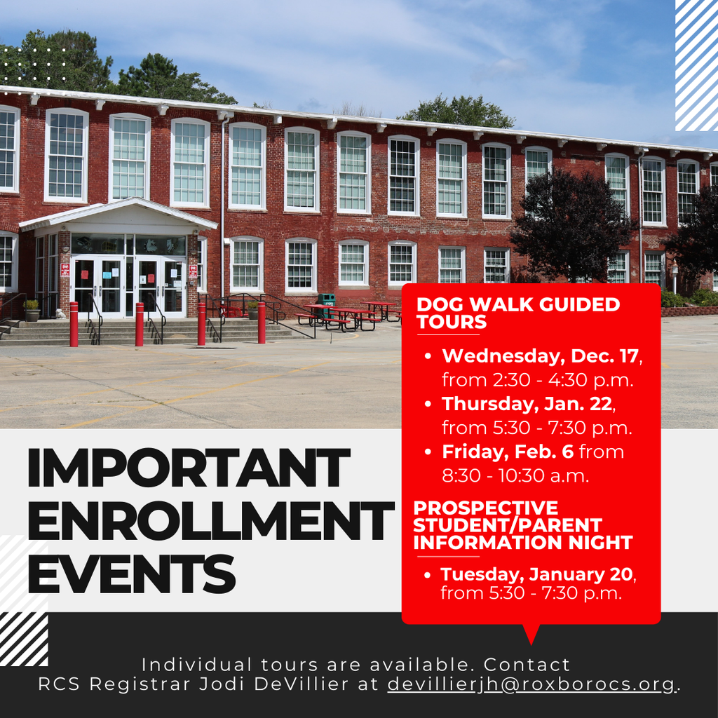 Important Enrollment Events graphic with a photo of the front of RCS with dates that are specified in the caption. 