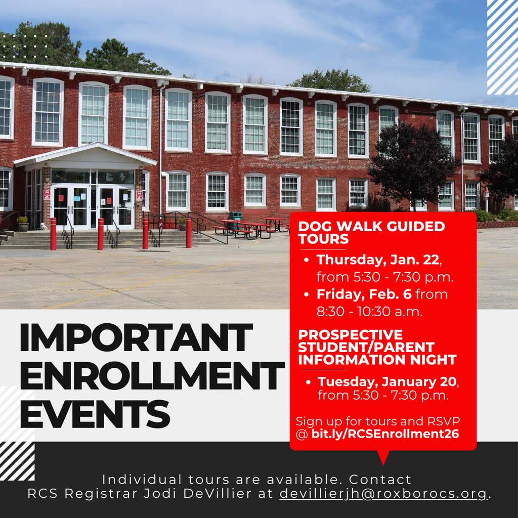 Important Enrollment Dates graphic with a picture of RCS. All text is included in the caption.