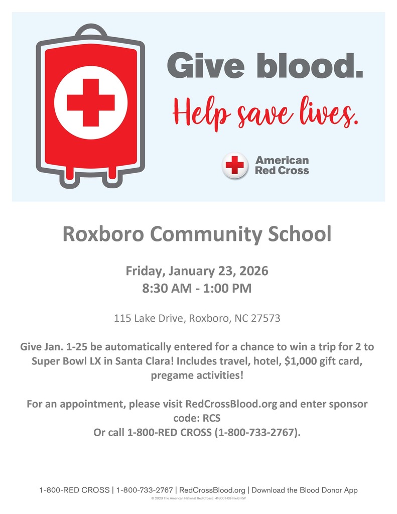 Blood Drive flyer for drive on Friday, January 23, 2026 from 8:30 am - 1 pm at 115 Lake Drive, Roxboro, NC 27573