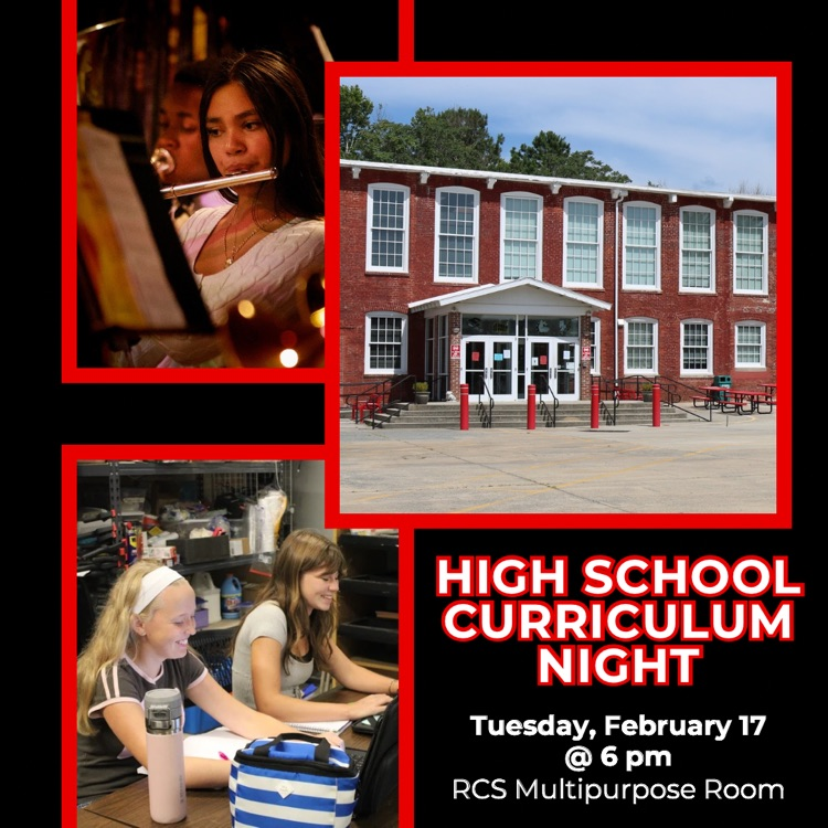 RCS Curriculum Night graphic with photos of the front of RCS and 2 photos of students
