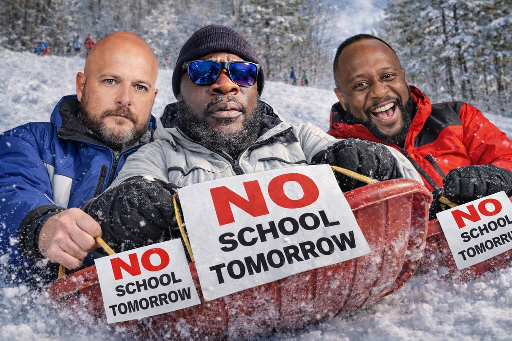 An AI generated photo of 3 men on a sled with signs that say No school tomorrow.