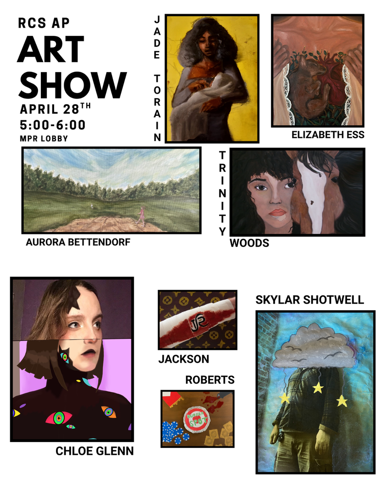 APR Art show poster that features art pieces from 7 students.
