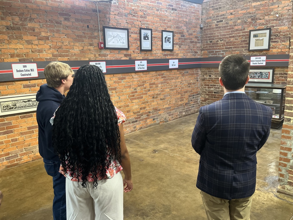3 people facing the timeline on the brick wall at RCS