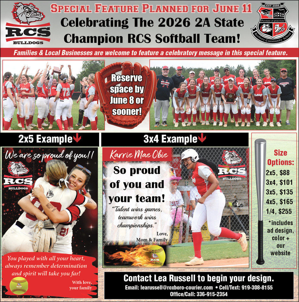 Advertisement for the opportunity to purchase an ad in The Courier Times about the RCS Softball team with examples of ads and information regarding pricing and sizing that can also be found in the caption.