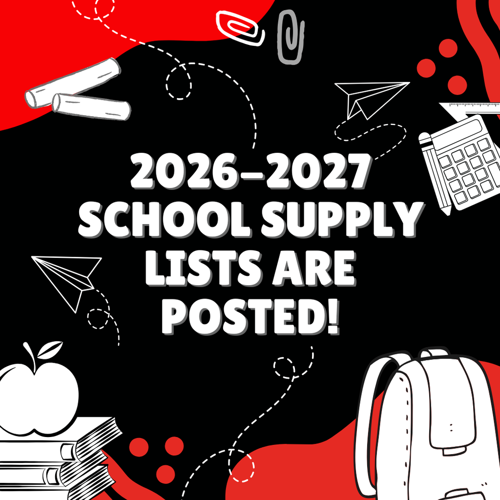 Post that has graphics of school supplies and says "2026-2027 School Supply Lists are Posted!"