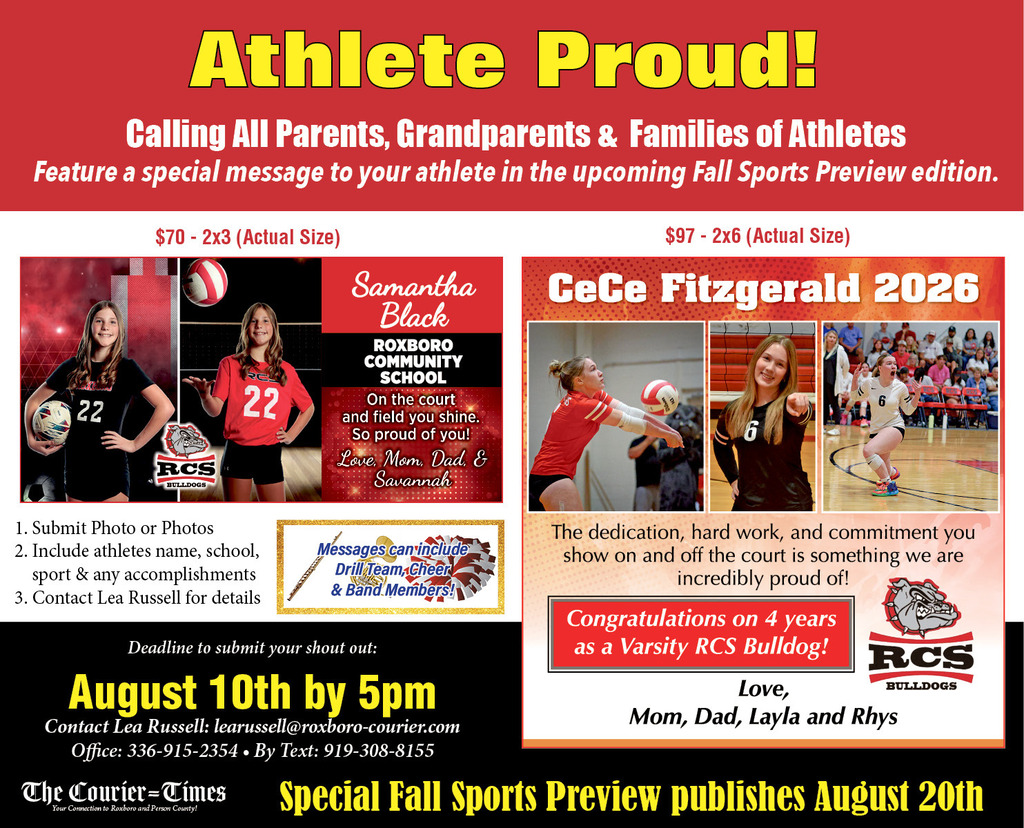 Advertisement for the opportunity to purchase an ad for student athletes in The Courier Times with examples of ads and information regarding pricing and sizing. 