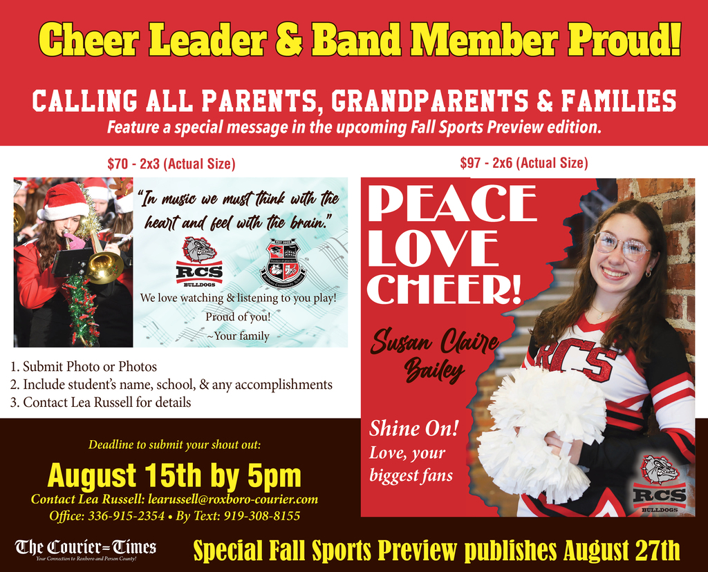 Advertisement for the opportunity to purchase an ad for cheerleaders or band members in The Courier Times with examples of ads and information regarding pricing and sizing.