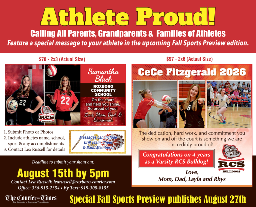 Advertisement for the opportunity to purchase an ad for student athletes in The Courier Times with examples of ads and information regarding pricing and sizing.