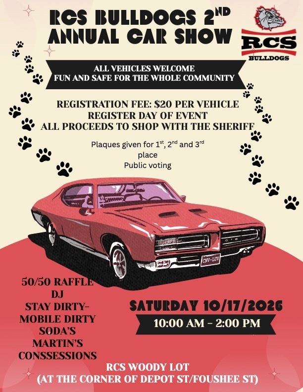 Poster for RCS 2nd Annual Car Show that has text (which can be found in the caption) and a graphic of a red classic two door car