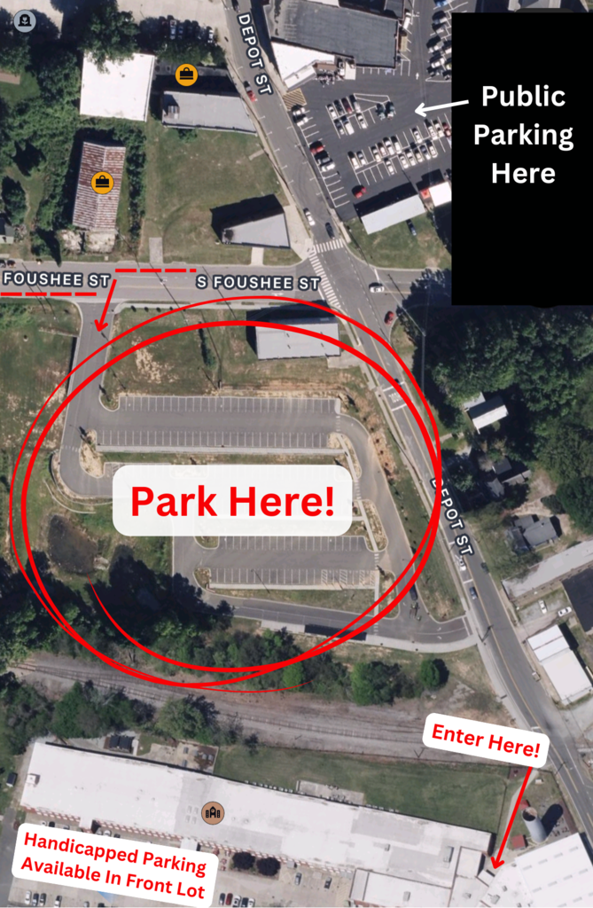 Overview map of the RCS Woody Parking Lot and surrounding areas with a circle around the parking lot showing people to park in that lot. 