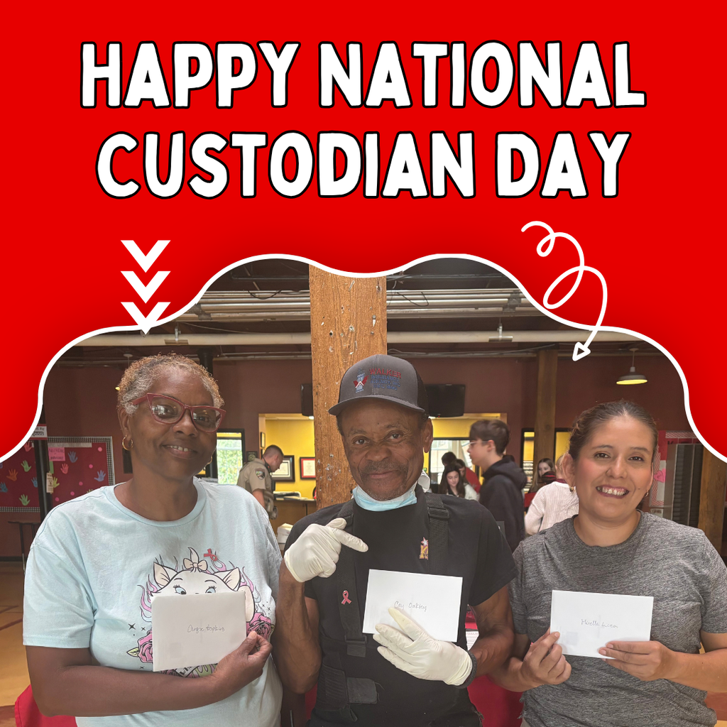 Happy National Custodian Day with a photo of three custodians