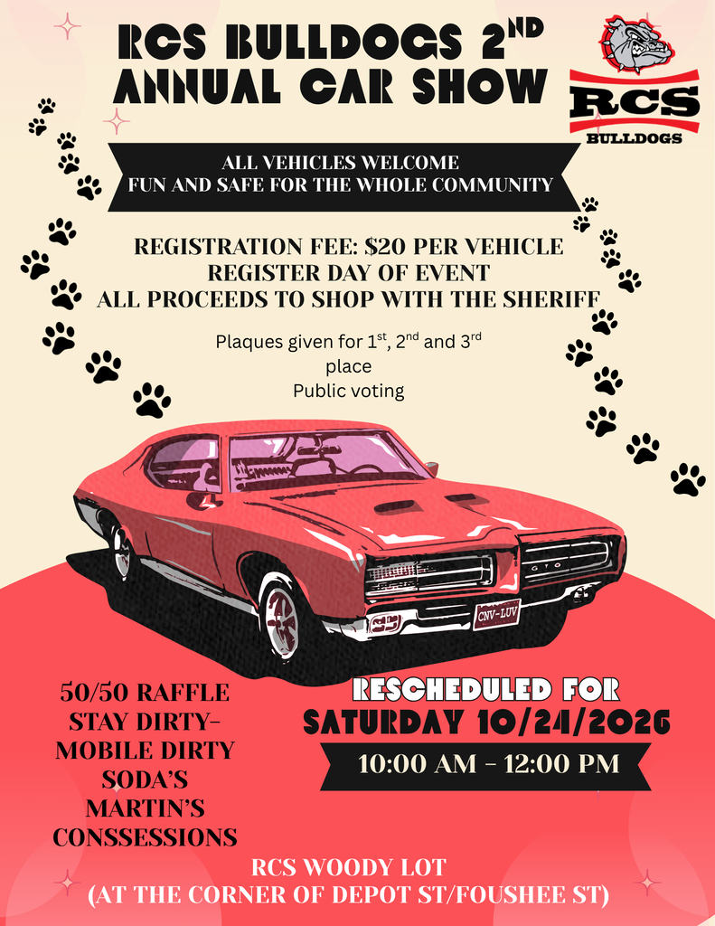Poster for RCS 2nd Annual Car Show that has text (which can be found in the caption) and a graphic of a red classic two door car