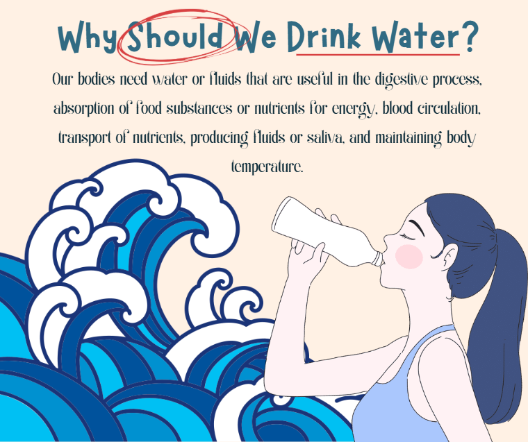 A decorative poster features the title “Why Should We Drink Water?” in large teal letters, with the words “Should We” circled in red. Beneath the title is a paragraph explaining why the body needs water for digestion, nutrient absorption, circulation, saliva production, and temperature regulation. On the left side, stylized blue ocean waves fill the bottom corner. On the right, an illustrated woman with long dark hair drinks from a water bottle. The overall design is soft, clean, and encouraging.