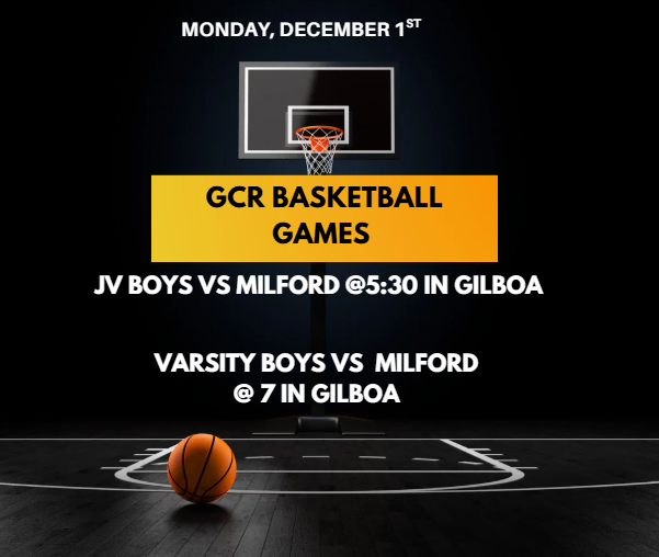 The image features a dark basketball court with a single basketball resting on the floor near the bottom center. A basketball hoop is illuminated in the background, creating a dramatic contrast against the black surroundings. At the top of the image, white text reads: “Monday, December 1st.” In the center, a yellow rectangular banner displays the text: “GCR Basketball Games.” Below the banner, additional white text announces two games: JV Boys vs Milford @ 5:30 in Gilboa Varsity Boys vs Milford @ 7 in Gilboa The overall design is bold and high-contrast, emphasizing the game announcements.
