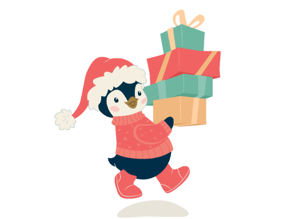 The image features a cute cartoon penguin wearing a red winter hat, a cozy red sweater, and red boots. The penguin is happily walking while carrying a stack of colorful wrapped presents.
