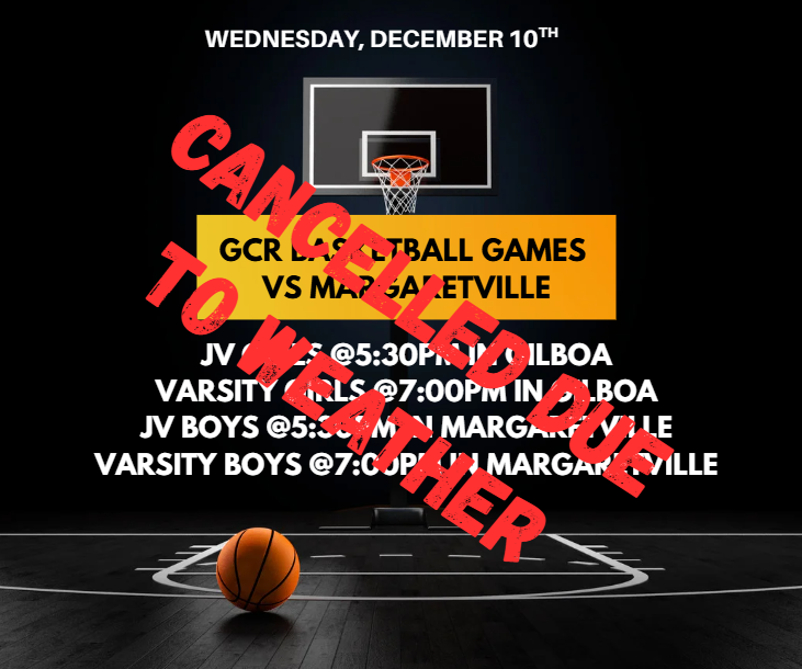 Image describes tonight's basketball games being cancelled due to weather