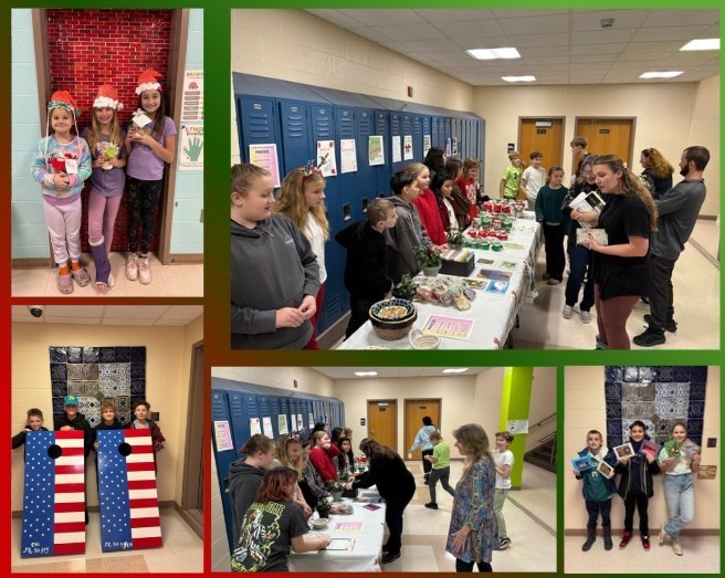 Collage of pictures of students during their school pop up market activity.