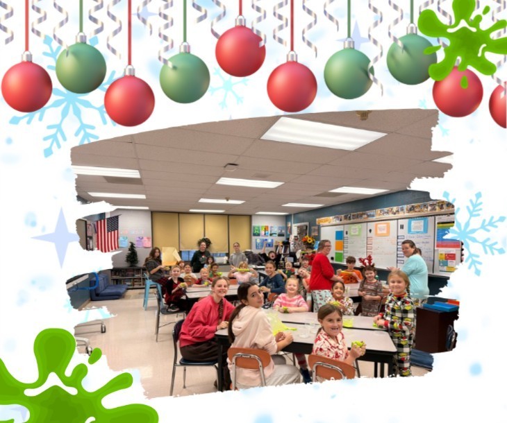 a snowy background with ornaments hanging down from the top. An image of our 8th/2nd graders making slime. There are green slime splatters on the bottom left corner and upper right corner