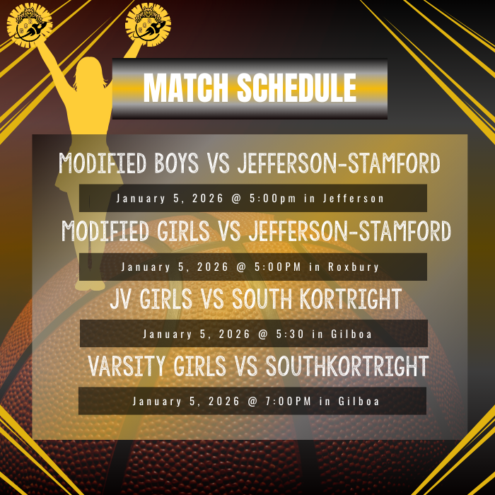 The image is a basketball-themed match schedule graphic with a dark background and gold accents. At the top, bold text reads “Match Schedule.” On the left side is a gold silhouette of a cheerleader holding pom-poms. The center lists four basketball matchups with dates and times: • Modified Boys vs Jefferson–Stamford, January 5, 2026 at 5:00 PM in Jefferson • Modified Girls vs Jefferson–Stamford, January 5, 2026 at 5:00 PM in Roxbury • JV Girls vs South Kortright, January 5, 2026 at 5:30 PM in Gilboa • Varsity Girls vs South Kortright, January 5, 2026 at 7:00 PM in Gilboa A basketball texture appears in the background, and the overall color scheme is black, gold, and brown.