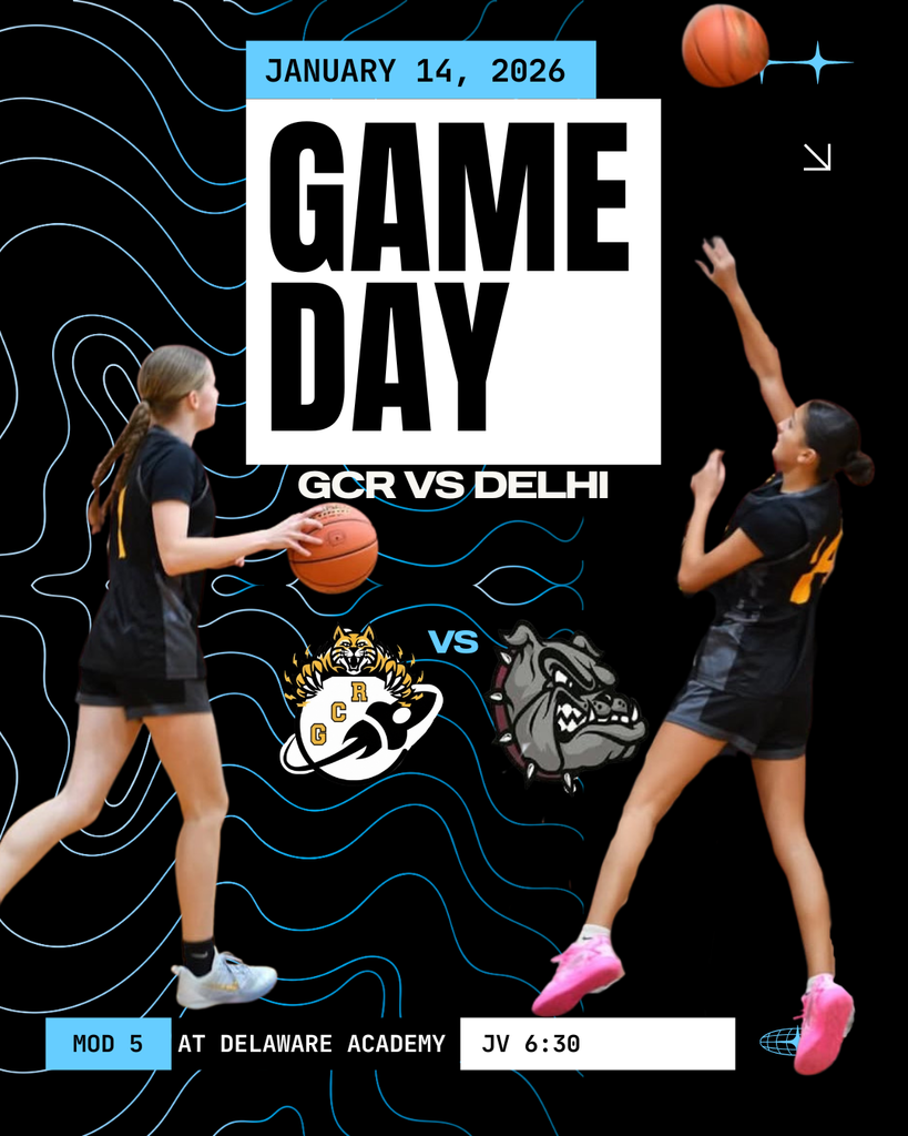 A modern basketball game-day graphic with a black background and blue accent lines. Two female basketball players in black GCR uniforms appear on opposite sides of the image, each holding or shooting a basketball. Centered text reads “Game Day” with the date January 14, 2026. Below, text states “GCR vs Delhi.” Additional details indicate Modified at 5:00 PM and JV at 6:30 PM, with the location listed as Delaware Academy. Team logos for GCR and Delhi are shown near the center.