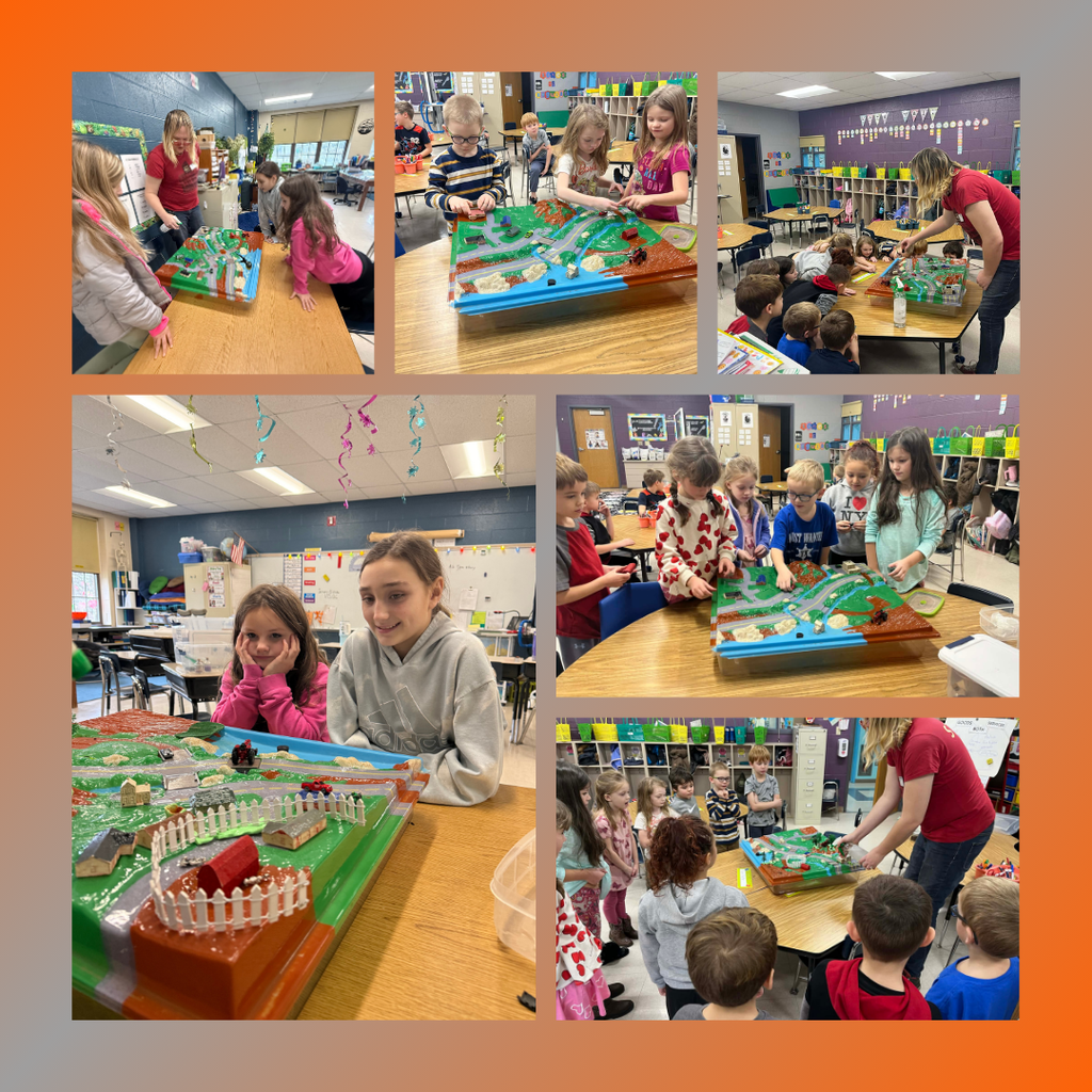 six photo collage of 1st and 4th grade students working with Hanford Mills