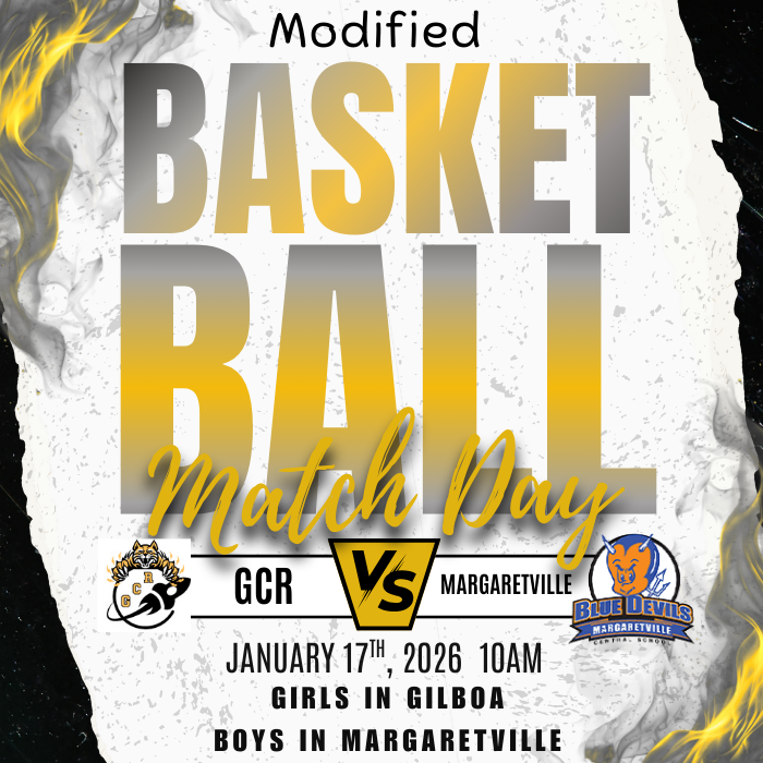 A graphic titled “Modified Basketball Match Day” with large gold and gray lettering on a textured white background accented by black and gold smoky effects along the edges. At the bottom center, it reads “GCR vs Margaretville.” The GCR Rockets logo appears on the left, and the Margaretville Blue Devils logo appears on the right. Below the matchup text, details state: “January 17th, 2026, 10 AM.” Additional text at the bottom notes that girls play in Gilboa and boys play in Margaretville. The overall design uses school colors of gold, black, white, and blue to highlight the matchup.