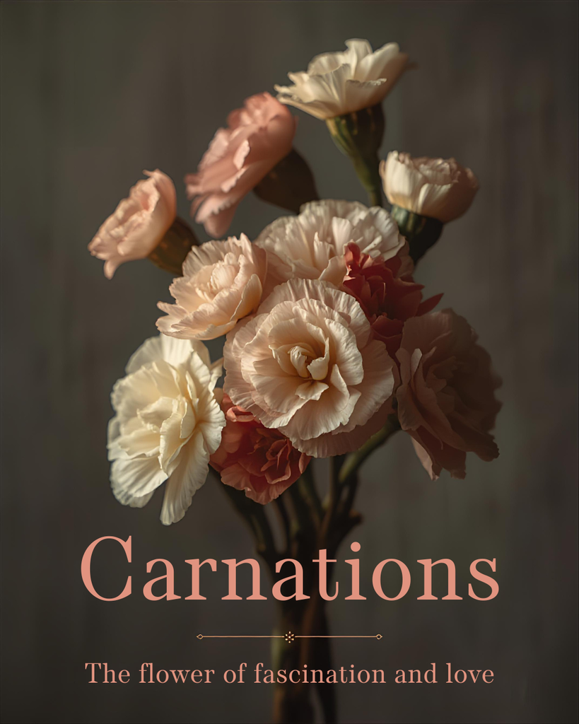 A softly lit, vertical image of a bouquet of carnations arranged in a loose cluster. The flowers are in gentle shades of blush pink, peach, cream, and light ivory, with ruffled petals that give them a layered, delicate appearance. The green stems are gathered together and fade into a dark, blurred background, creating a calm, elegant mood. Near the bottom of the image, decorative text reads “Carnations” in a soft peach color, followed by a thin ornamental line. Beneath that, smaller text says, “The flower of fascination and love.” The overall tone of the image is warm, romantic, and refined, with a classic floral still-life style.