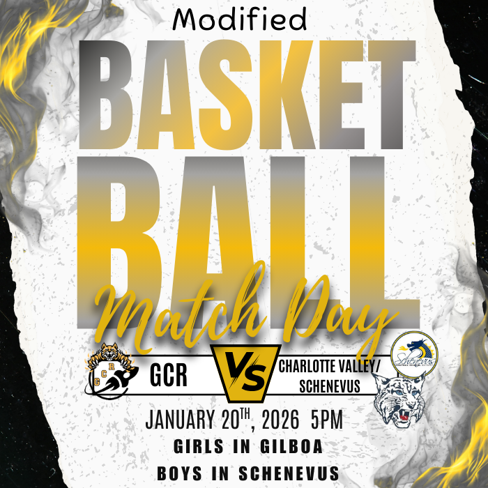 A graphic titled “Modified Basketball Match Day” with large gold and gray lettering on a textured white background accented by black and gold smoky effects along the edges. At the bottom center, it reads “GCR vs Charlotte Valley/Schenevus.” The GCR Rockets logo appears on the left, and the Schenevus and Charlotte Valley logos appears on the right. Below the matchup text, details state: “January 20th, 2026, 5PM.” Additional text at the bottom notes that girls play in Gilboa and boys play in Schenevus. The overall design uses school colors of gold, black, white, and blue to highlight the matchup.