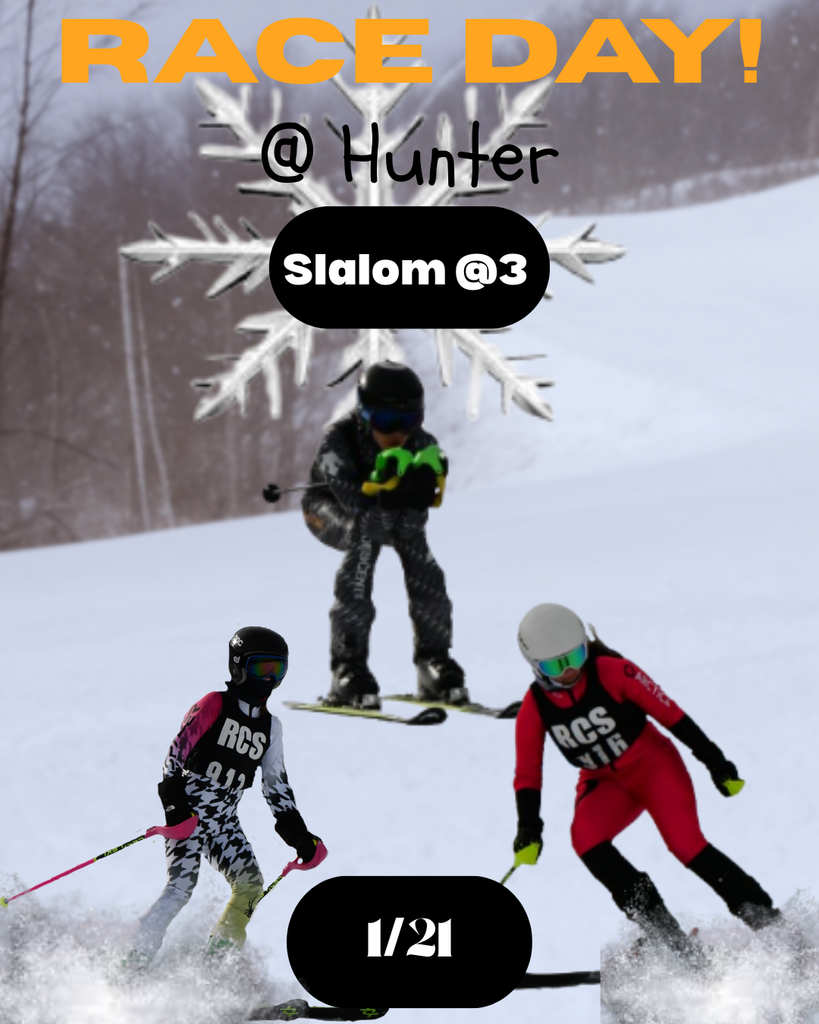 background is a ski moutain course. 3 images of skiers are in the fore ground. Text that says "Race Day at Hunter, Slalom at 3, January 21st"