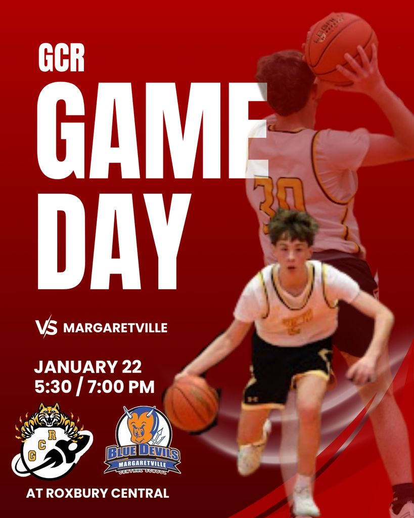 This graphic shows two GCR boys basketball players in action. One player is seen shooting the basketball from behind while another player in the foreground dribbles toward the viewer. The background is red with bold white text that reads “GCR Game Day.” Below, the matchup “vs Margaretville” is shown along with the date January 22 and game times 5:30 and 7:00 PM. The GCR RocketCats logo and the Margaretville Blue Devils logo are displayed near the bottom, along with the location Roxbury Central School.