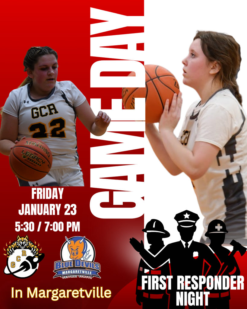 The image features two GCR girls basketball players. One player on the left is dribbling a basketball while wearing a white GCR jersey with the number 22. On the right, another player holds a basketball in a shooting stance. A bold red background with the words “GAME DAY” in large white letters runs vertically down the center. At the bottom, silhouettes of first responders such as a firefighter, police officer, and paramedic appear with the text “First Responder Night.” Logos for GCR and the Margaretville Blue Devils are displayed, along with the date Friday, January 23 and game times 5:30 and 7:00 PM.