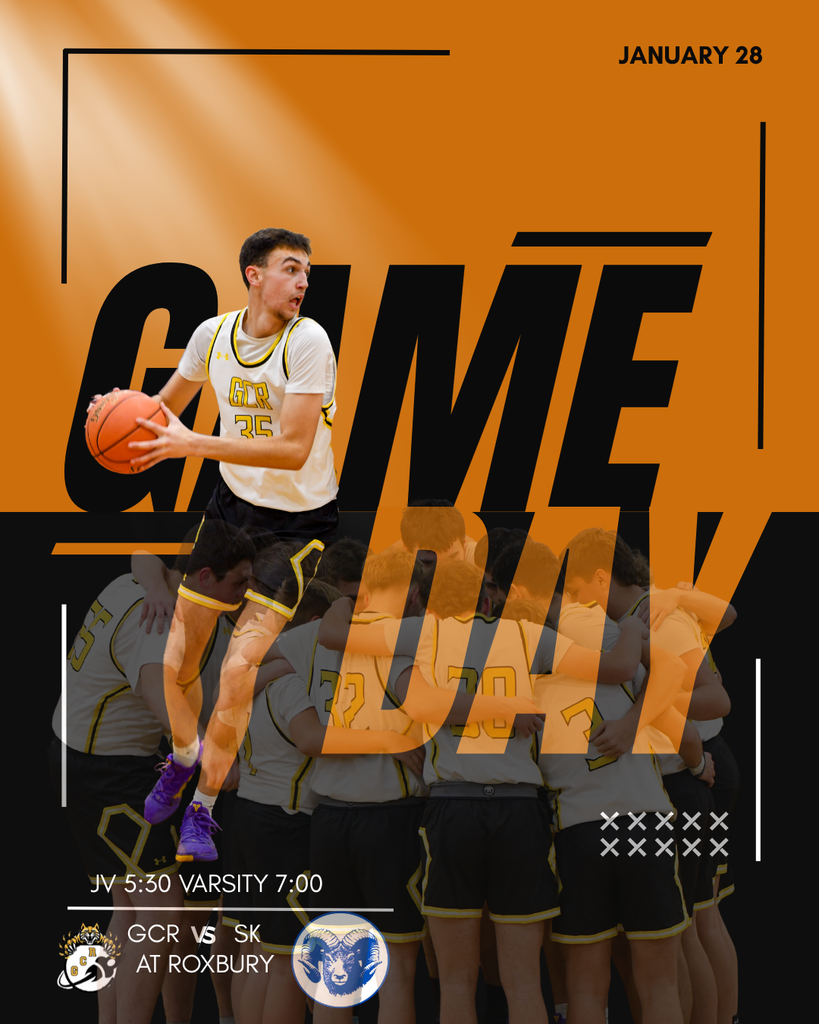 The image is a bold basketball game-day graphic with an orange and black background. In the foreground, a male basketball player wearing a white GCR jersey with the number 35 holds a basketball and looks to his left as if preparing to pass. He is mid-stride, wearing black shorts and purple sneakers. Behind him, partially faded, is a group of teammates standing in a tight huddle with their arms around each other, showing unity. Large black text across the center reads “GAME DAY.” In the top right corner, the date “January 28” is displayed. Near the bottom, white text lists the game times: “JV 5:30 Varsity 7:00.” Below that, it reads “GCR vs SK at Roxbury,” accompanied by the GCR RocketCats logo and the South Kortright ram logo. The overall design emphasizes teamwork, intensity, and excitement for the upcoming basketball games.