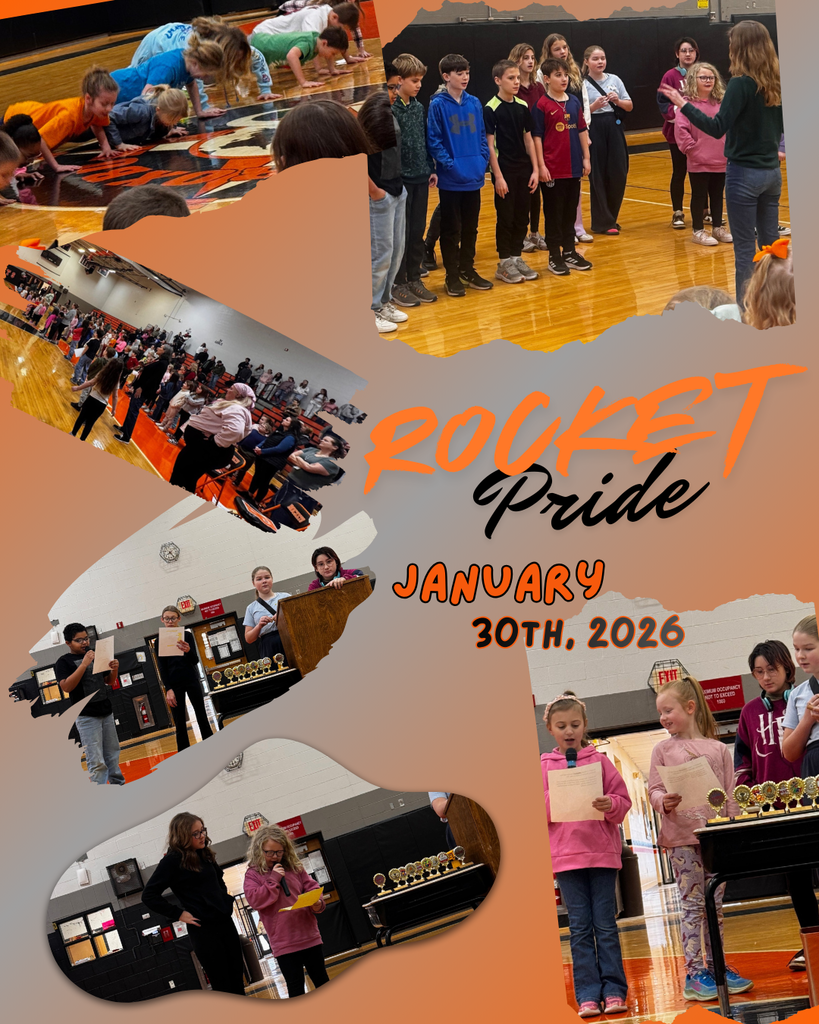 The image is a colorful collage from a school event titled “Rocket Pride”, with the date January 30th, 2026 written in bold orange and black text in the center. The background is made of soft orange and gray shapes with several photos layered on top. At the top left, a group of elementary students are doing push-ups on the gym floor, showing teamwork and participation in a physical activity. At the top right, a line of students stands on the gym floor while a teacher faces them, appearing to guide or recognize them. In the middle left, there is a wide photo of a crowded gym where students, families, and staff are seated and standing, watching the assembly. In the bottom left and bottom center, students stand at a podium or table reading from papers, with a row of trophies displayed behind them. A teacher stands nearby supporting them. In the bottom right, two young students hold papers and speak into a microphone, with trophies lined up on a table next to them. Overall, the collage shows different moments from the Rocket Pride Assembly, including student presentations, physical activities, awards, and a large audience gathered in the school gym.