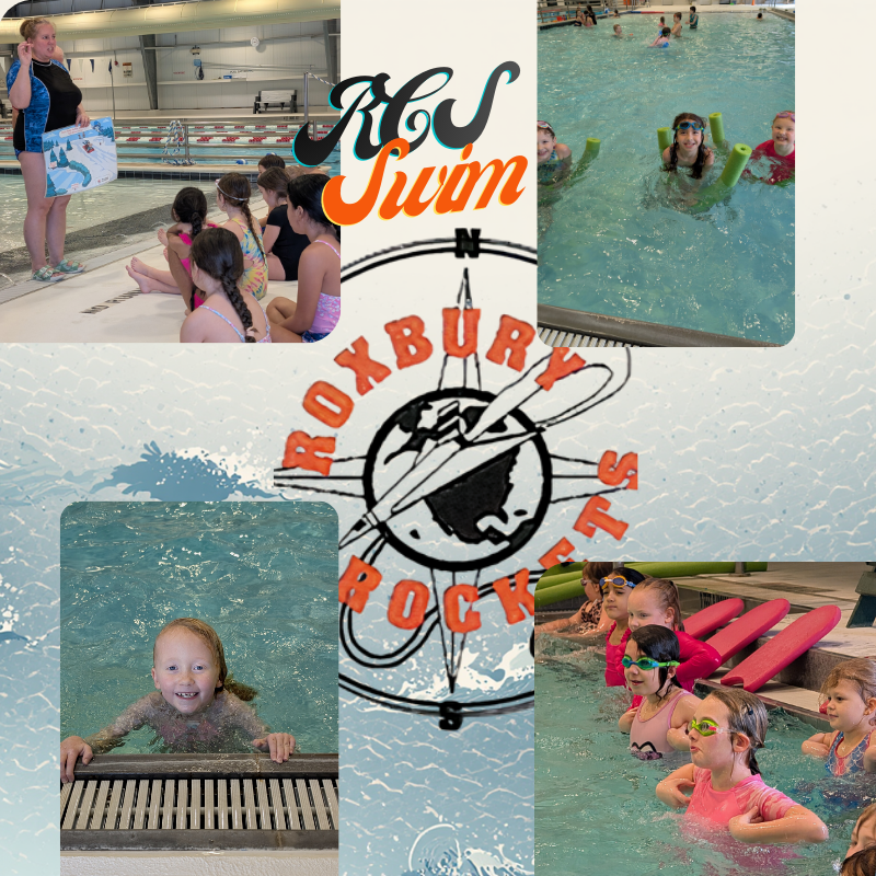 a collage of 4 pictures that show students in and out of a pool practicing and learning about swimming.