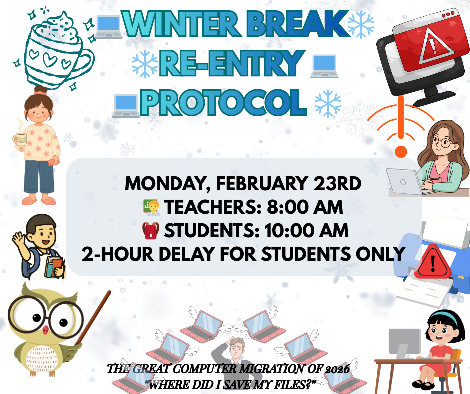 In the center, a rounded light gray box displays the main information in bold black text:  Monday, February 23rd  Teachers: 8:00 AM (with a teacher emoji)  Students: 10:00 AM (with a backpack emoji)  2-hour delay for students only  Surrounding the text are playful cartoon illustrations:  On the left, a cozy mug with whipped cream, a child holding a cup, a smiling student with a backpack, and a cartoon owl holding a pointer.  On the right, a computer monitor with a red warning symbol, a large orange Wi-Fi alert icon, and a blue printer with a red error symbol.  At the bottom, a humorous caption reads: “The Great Computer Migration of 2026: ‘Where did I save my files?’” with several laptops shown flying with wings, suggesting technical chaos