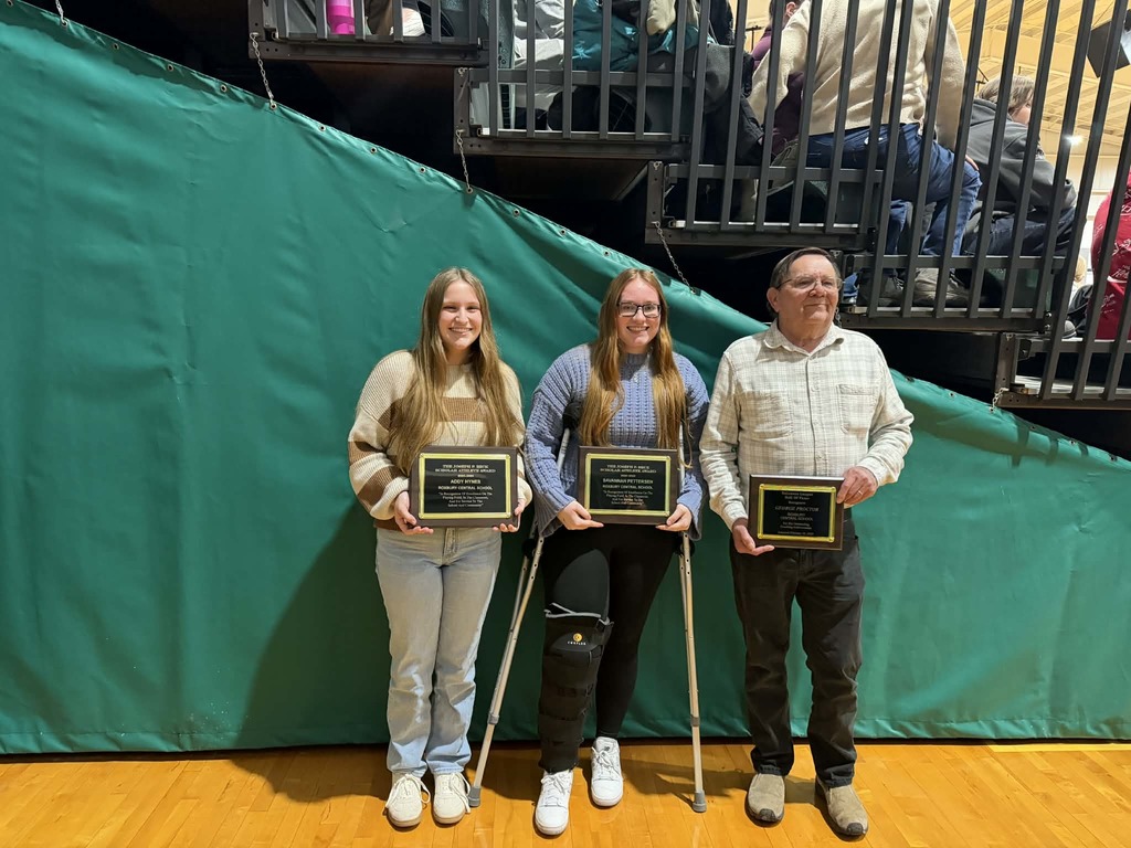 Addy Hynes, Savannah Pettersen and George Proctor stand in front of a green background holding their awards.