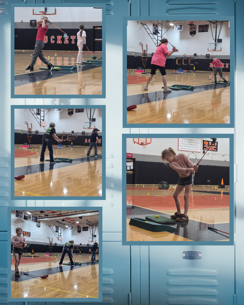locker background with a collage of 5 pictures that feature an elementary PE class practicing golf.