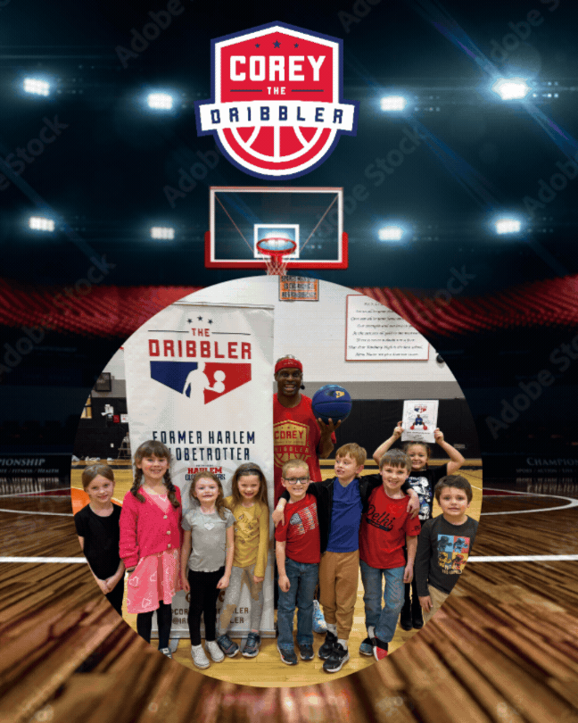 This image has a bold, sports-themed design centered around basketball.  At the top, there is a large red, white, and blue logo that reads “Corey the Dribbler.” The logo is shaped like a badge and includes a basketball graphic. Behind it is a dark arena background with bright stadium lights glowing, creating the feeling of being inside a professional basketball court.  Below the logo, a basketball hoop and backboard are shown, centered in the image.  In the middle, a slide show of images from the assembly The gym setting includes a polished wooden floor and wall posters in the background. One child in the back is holding up a sign or paper.  Overall, the image feels like a fun school or community event where children are meeting a basketball performer, set against a dramatic, arena-style graphic background that emphasizes sports and excitement.