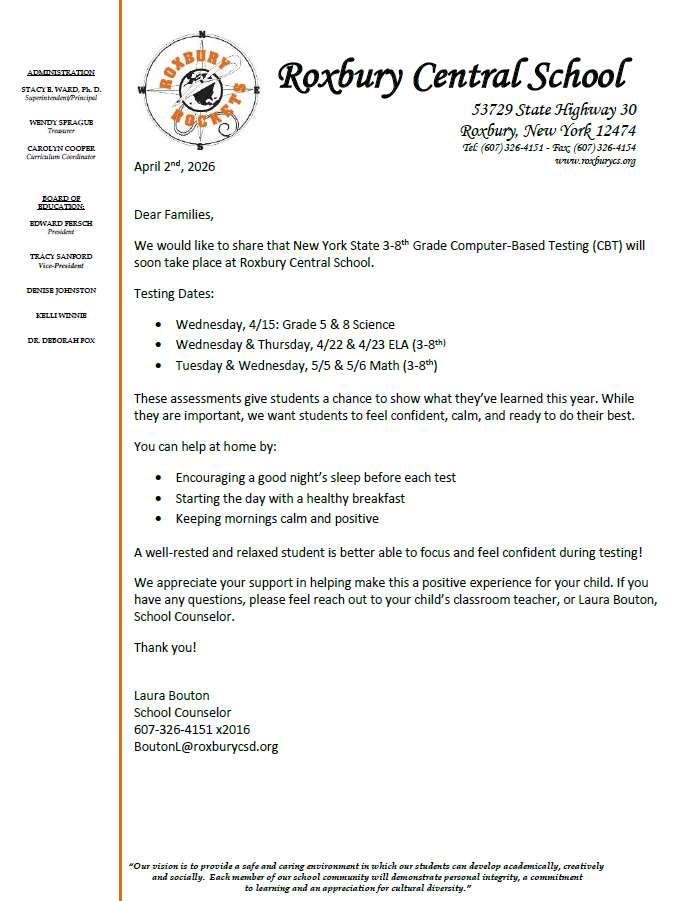 Letter to families about computer based testing