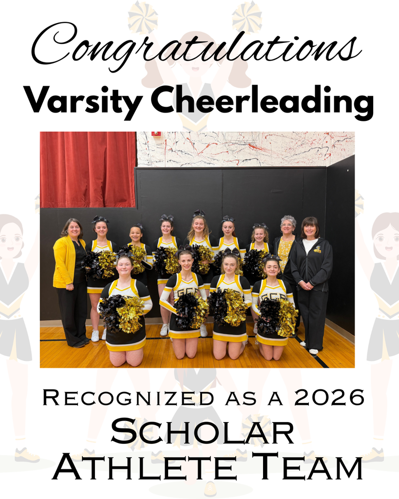 A group photo of the varsity cheerleading team posed inside a gym. The athletes wear black, white, and gold uniforms and hold black and gold pom-poms. Some team members kneel in the front row while others stand behind them, with two adult coaches standing on either side. A black padded wall and gym floor are visible in the background. The image includes the text “Congratulations Varsity Cheerleading” and recognizes the team as a 2026 Scholar Athlete Team.