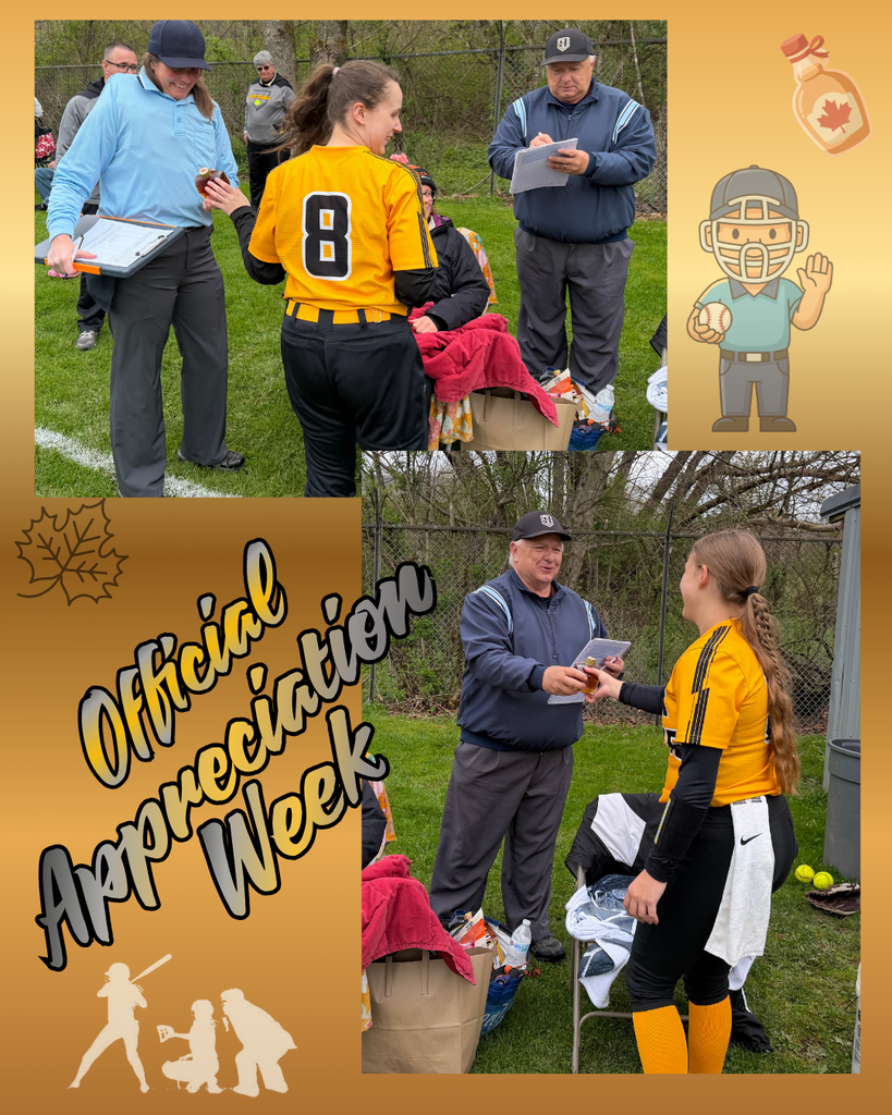 A warm, gold-themed collage celebrates Official Appreciation Week during a GCR Rocket Cats softball event. Two photographs show student-athletes in black and gold uniforms presenting small bottles of homemade maple syrup to softball officials on the field as tokens of gratitude.  In the top image, a player wearing jersey number 8 hands maple syrup to a smiling official dressed in a light blue umpire shirt and navy cap, while another official nearby writes on a lineup card. In the bottom image, another GCR player with long braided hair presents maple syrup to an official in a navy jacket and cap.  Decorative graphics include maple leaves, a maple syrup bottle, and softball-themed illustrations, reinforcing the appreciation theme. Bold text reads “Official Appreciation Week.” The overall design highlights community gratitude, school pride, and thoughtful recognition for the officials’ dedication.