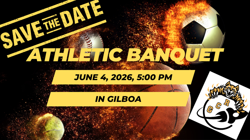 A bold, high-energy “Save the Date” poster for the GCR Athletics Athletic Banquet featuring a dramatic black background with fiery sports imagery. Flaming sports balls, including a soccer ball, baseball, basketball, and tennis ball, are displayed across the design. Large gold text reads “Save the Date Athletic Banquet.” Event details prominently state June 4, 2026, at 5:00 PM in Gilboa. The GCR Rocket Cats logo appears on the right side, reinforcing the combined Gilboa-Conesville Roxbury black and gold athletic identity. The design conveys excitement, school pride, and celebration.
