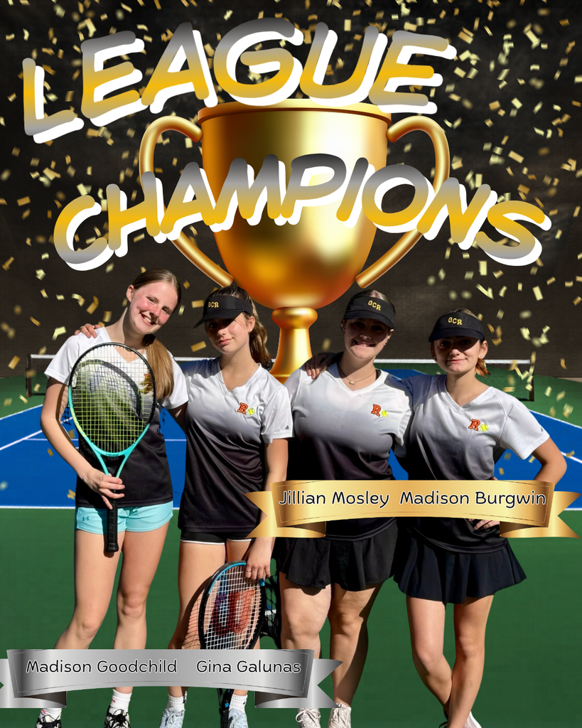A celebratory championship graphic features four GCR girls tennis athletes standing side by side on a bright blue outdoor tennis court under sunny skies. Gold confetti rains down across the image, with a large gold trophy centered behind them against a dark backdrop. Bold white and gold lettering at the top reads “League Champions.”  From left to right, the athletes wear matching white, black, and gray GCR tennis uniforms. The first player, Madison Goodchild, smiles while holding a tennis racket. Next to her is Gina Galunas, also holding a racket. On the right side are first-place doubles champions Jillian Mosely and Madison Burgwin, standing proudly together beneath a gold banner displaying their names.  Silver and gold ribbon-style nameplates identify each doubles pair, with Madison Goodchild and Gina Galunas labeled at the bottom left, and Jillian Mosely and Madison Burgwin highlighted on a gold banner near the center-right. The overall design emphasizes triumph and school pride, celebrating GCR Tennis’ league championship success.