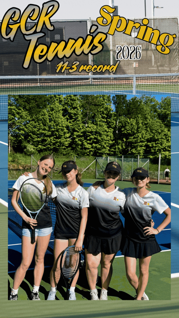A GIF showcasing GCR Tennis's Spring 2026 11-3 record season. It has a slide show of images from the tennis season, and at the end it showcases the seniors on the team Roni Grieco and Blake Albano, with "Thank you Seniors" in bold black lettering outlined in gold.