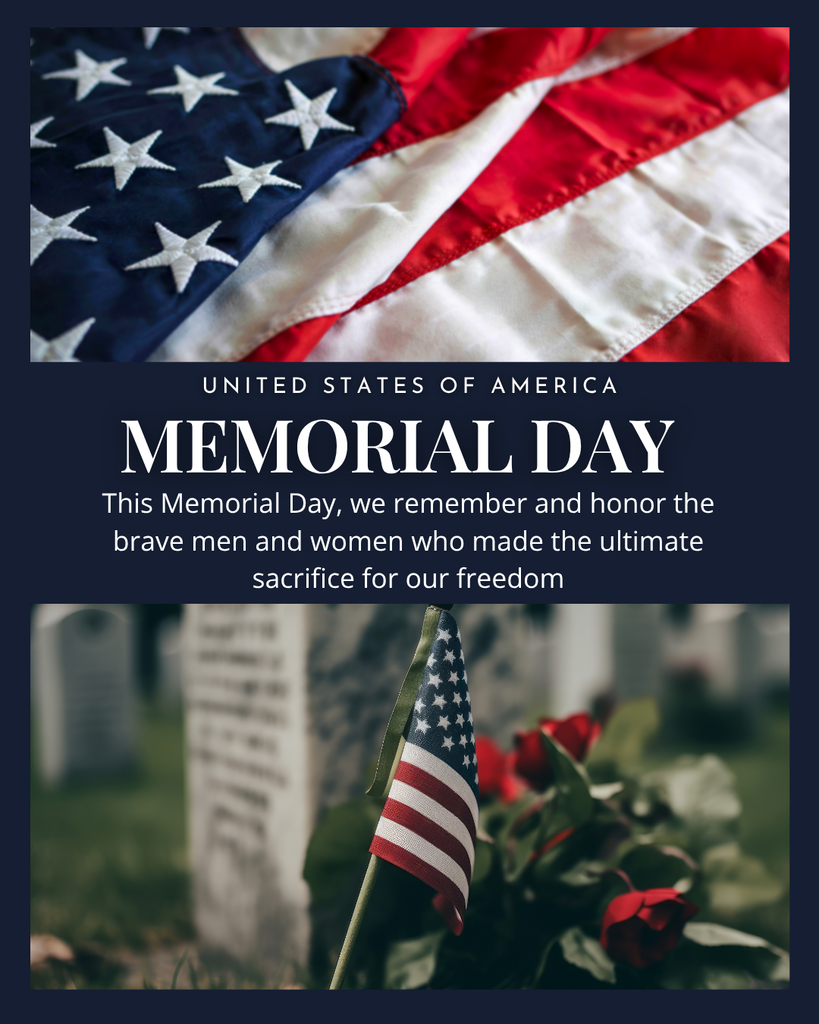 A patriotic Memorial Day graphic features a dark navy blue background with two solemn American flag images. At the top, a close-up photograph of a waving U.S. flag shows bright white stars against deep blue fabric and bold red-and-white stripes. Centered beneath the image is the text “UNITED STATES OF AMERICA” in thin white capital letters, followed by the large headline “MEMORIAL DAY” in elegant white serif font. Below the headline, white text reads: “This Memorial Day, we remember and honor the brave men and women who made the ultimate sacrifice for our freedom.” The bottom half of the image shows a small American flag planted beside a gravestone in a cemetery, with blurred flowers and memorial markers in the background. The overall tone is respectful, reflective, and patriotic, using red, white, blue, and soft muted tones to honor fallen service members.