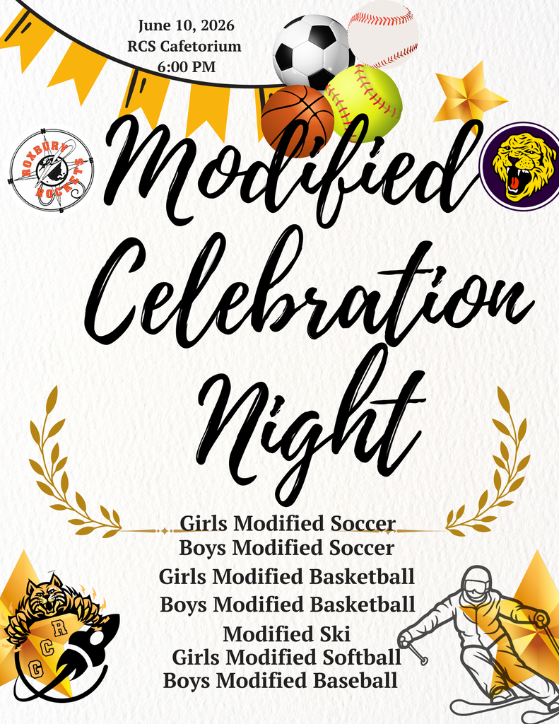 A celebration flyer with a white textured background and black script lettering that reads "Modified Celebration Night." Across the top is a string of gold pennant banners, along with illustrations of a soccer ball, baseball, basketball, and softball. The flyer lists the event details: June 10, 2026, at 6:00 PM in the RCS Cafetorium. Decorative gold laurel branches frame the center of the flyer, and a list of the sports being recognized appears below, including Girls and Boys Modified Soccer, Girls and Boys Modified Basketball, Modified Ski, Girls Modified Softball, and Boys Modified Baseball. The GCR Rocket Cats logo is displayed in the lower left corner, while an illustration of a skier appears in the lower right. Additional school logos appear near the top, representing the participating schools. The overall design uses black, gold, and white colors and has a festive, celebratory feel honoring modified student-athletes.