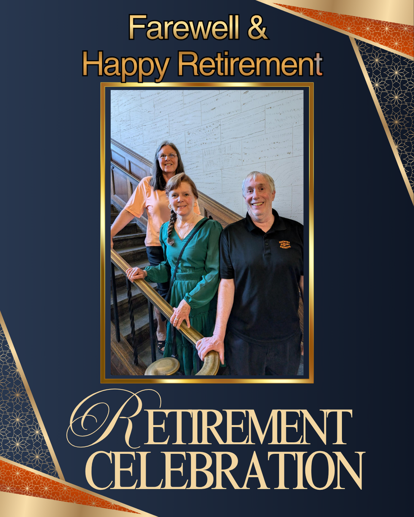 A retirement celebration graphic with an elegant navy blue, gold, and cream color scheme. At the top, large gold lettering reads, "Farewell & Happy Retirement." Centered on the graphic is a framed photograph of three Roxbury Central School District retirees standing on a staircase inside a school building. One woman in a green dress stands at the front, another woman in a light pink shirt stands on the stairs behind her, and a man wearing a black Roxbury Rockets polo shirt stands beside them. All three are smiling warmly for the camera. The photograph is bordered by a metallic gold frame. Decorative gold and orange patterned accents appear in the corners of the design, giving it a formal and celebratory feel. At the bottom, large gold script and serif lettering reads, "Retirement Celebration." The overall design conveys appreciation and recognition for the retirees' years of service, with a dignified and heartfelt presentation.